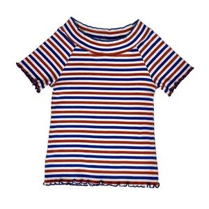 Cute 60s / 70s Colored Striped Lettuce Trim Casual Blouse Top XS